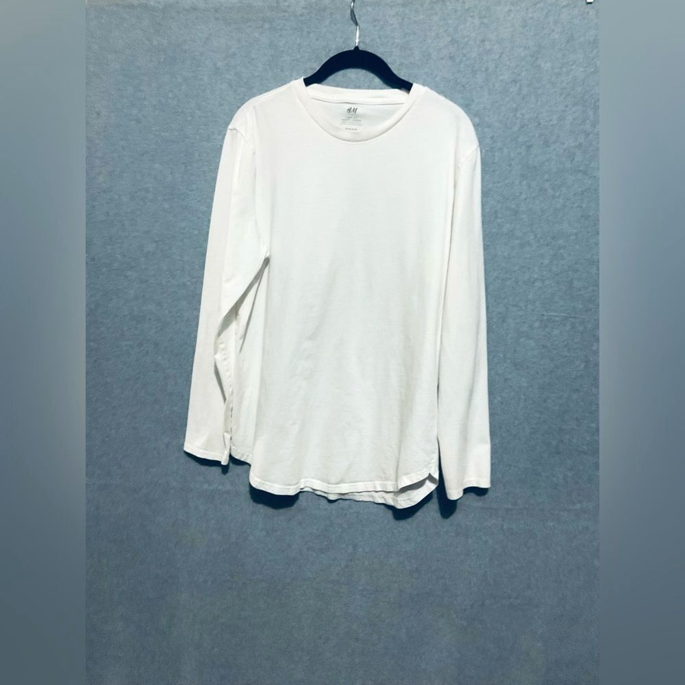 H&M White Longline Long Sleeve Shirt Curved Hem Minimalist Layering Tee Large